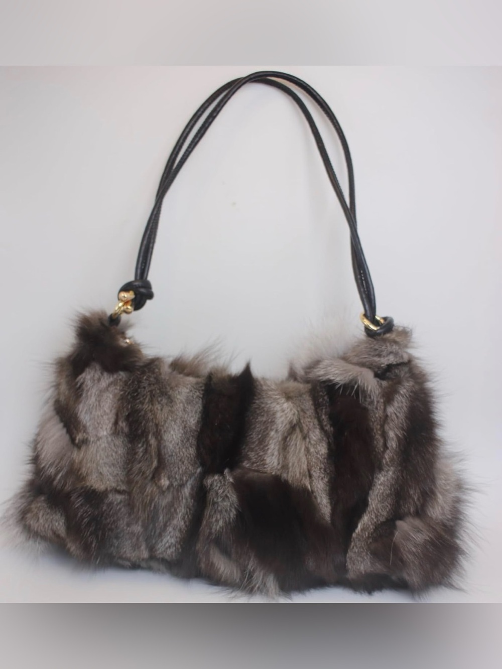 Genuine Fox Fur Hobo Bag Natural Gray Black Blend Leather Strap Luxury